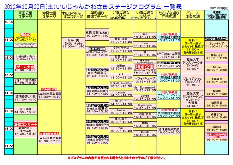 10月20日ステージ一覧表